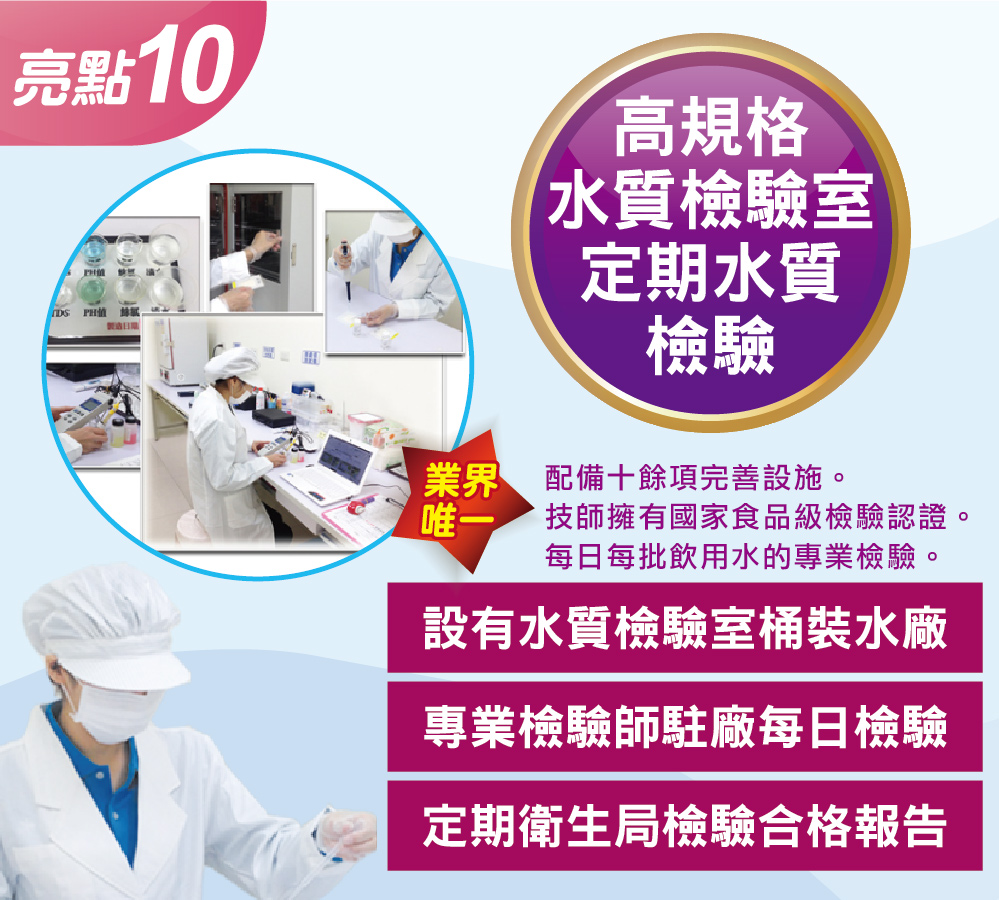 鮮喝水十大亮點10：業界唯一「高規格水質檢驗室與定期檢驗」。廠內配備十餘項檢驗設施，由擁有國家食品級檢驗認證的專業檢驗師駐廠，執行每日每批水質檢驗，並定期取得衛生局檢驗合格報告，為食安嚴格把關。