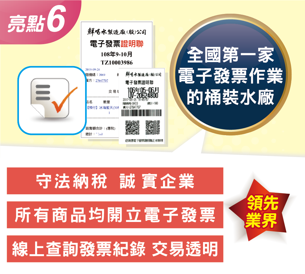 鮮喝水十大亮點6：領先業界，全國第一家導入「電子發票作業」的桶裝水廠。守法納稅、誠實經營，所有桶裝水與淨水商品均開立電子發票，客戶可隨時線上查詢發票紀錄，確保交易絕對透明。