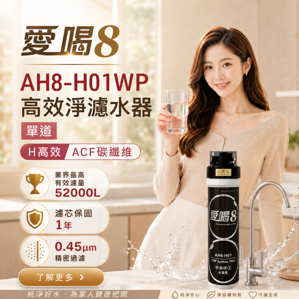 愛喝8 AH8-H01WP 單道高效淨濾水器。主打 H 高效 ACF 碳纖維技術，具備 52,000L 業界最高濾水量與 0.45µm 精密過濾，並提供一年濾芯保固。