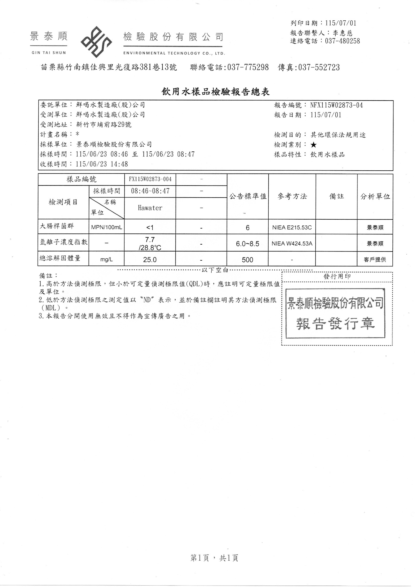 Hawater，2026年7月1日，獨立報告總表第 1 頁／共 1 頁