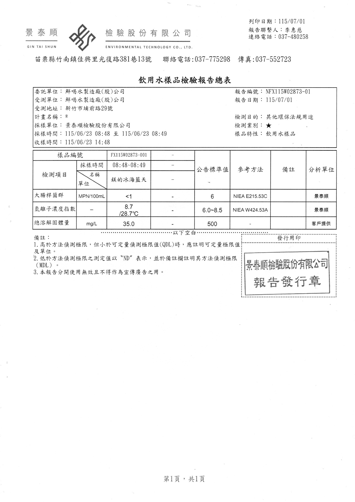 鎂的冰海藍天，2026年7月1日，獨立報告總表第 1 頁／共 1 頁