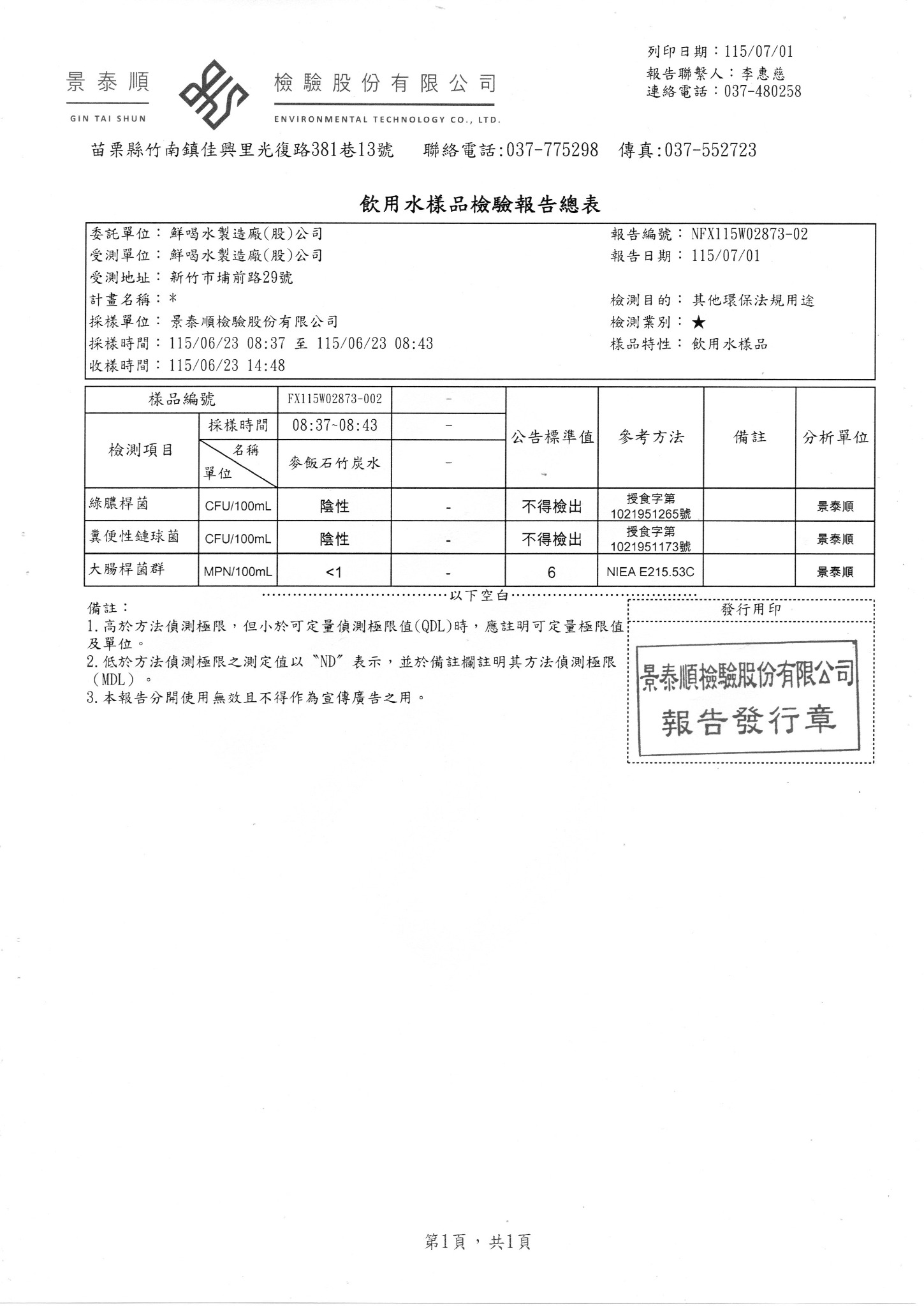 麥飯石竹炭水，2026年7月1日，獨立報告總表第 1 頁／共 1 頁